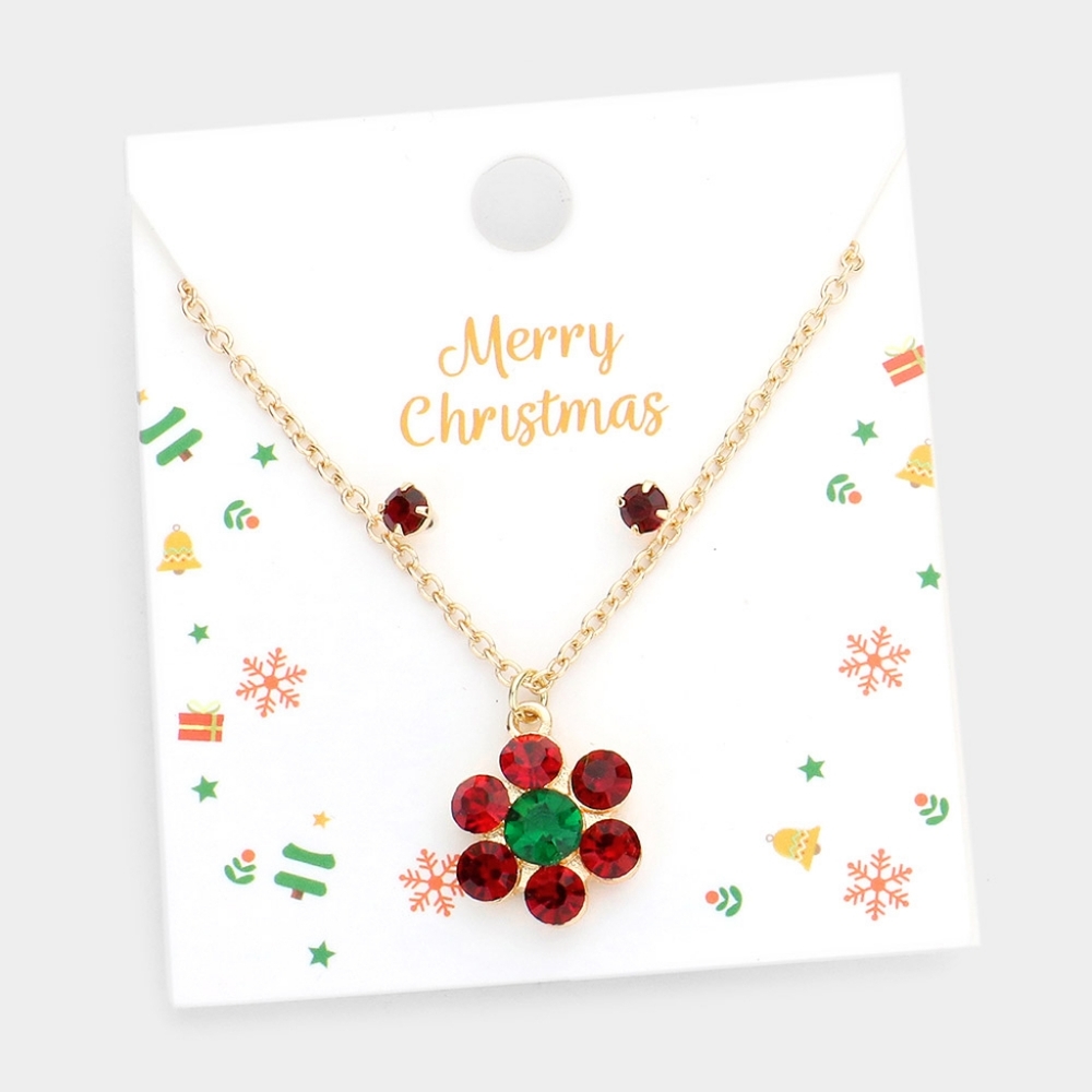 Red & Green Crystal Flower Stone Pendant Holiday Christmas Necklace Chain Set